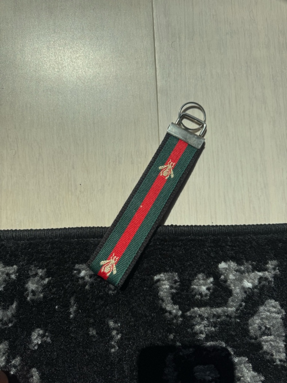 Striped Webbing Key Fob with Embroidered Bee - Green & Red